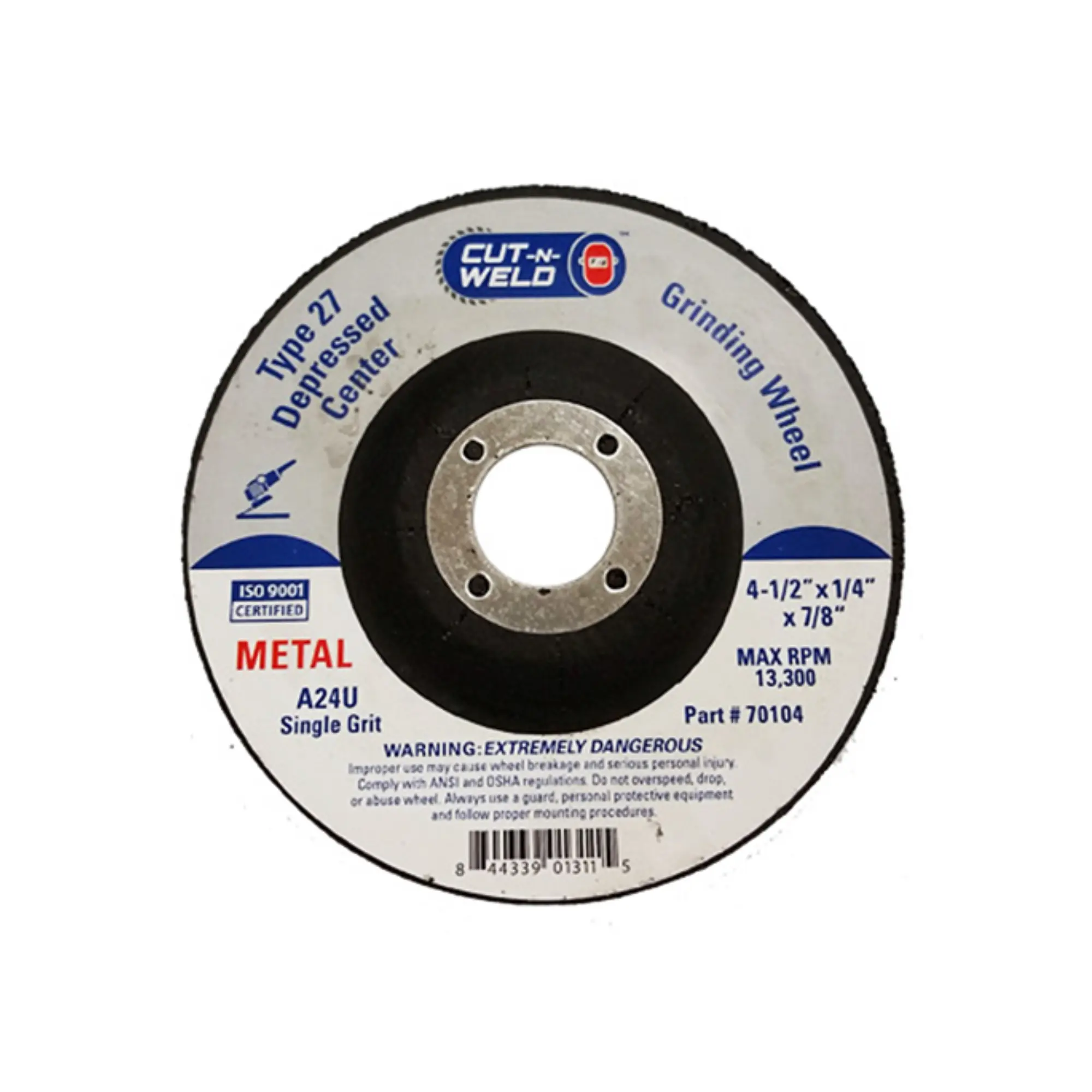 CNW-T27 Grind Wheel, Single Grit 4.5" x 1/4" x 7/8"