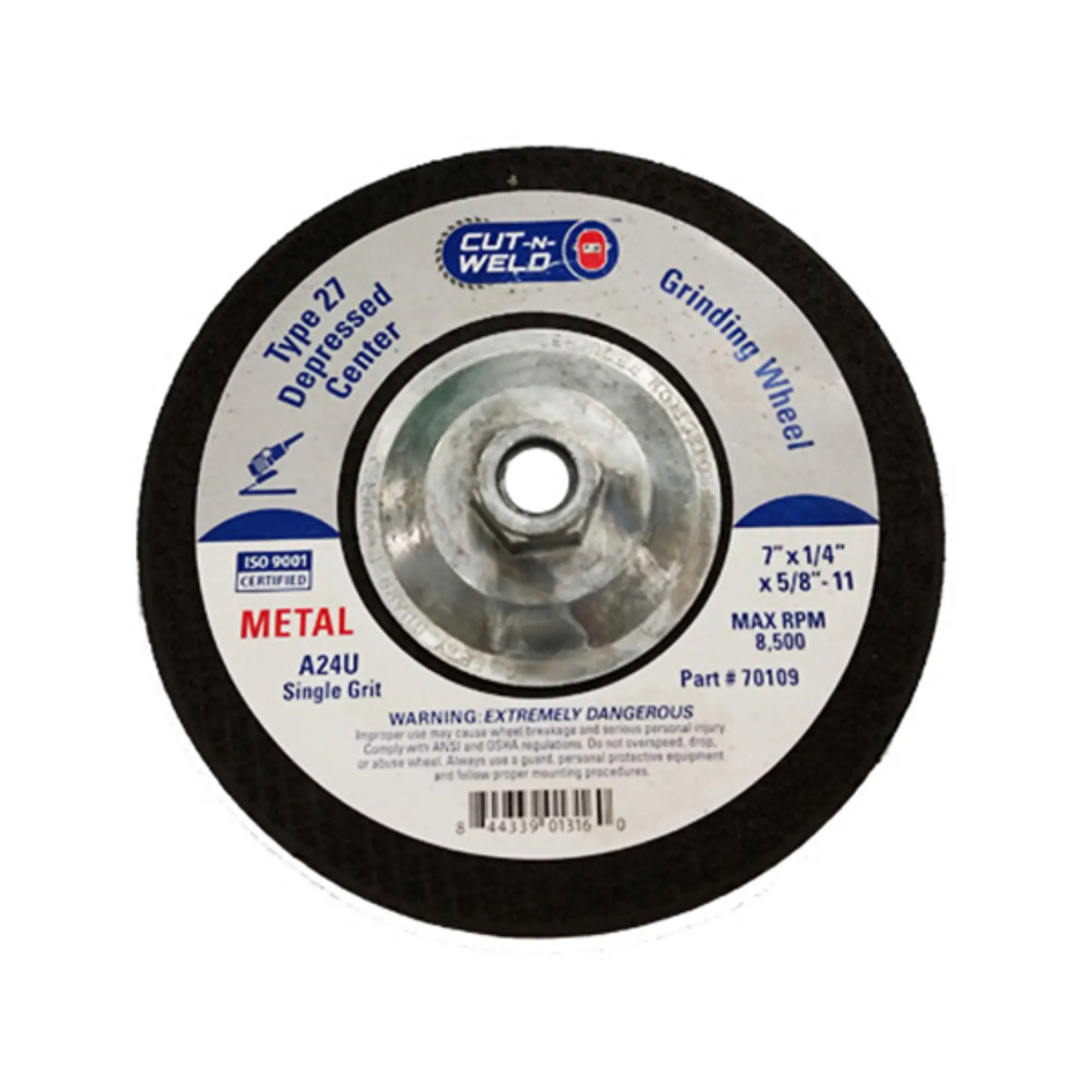 CNW-T27 Grind Wheel, Single Grit 7" x 1/4" x 5/8"-11, With Hub