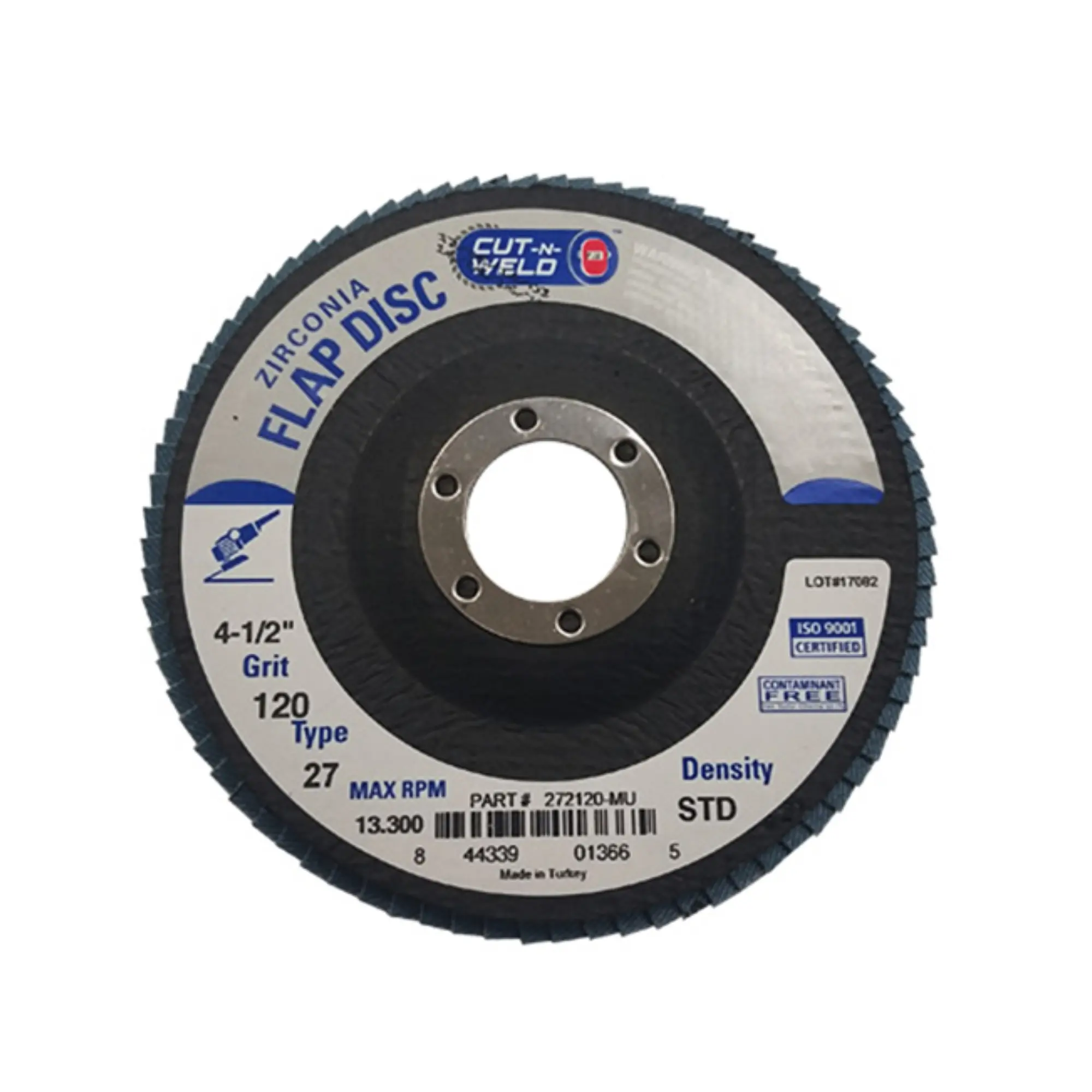 T27 Zirconia Flap Discs 4.5", Standard Density, Grit 120