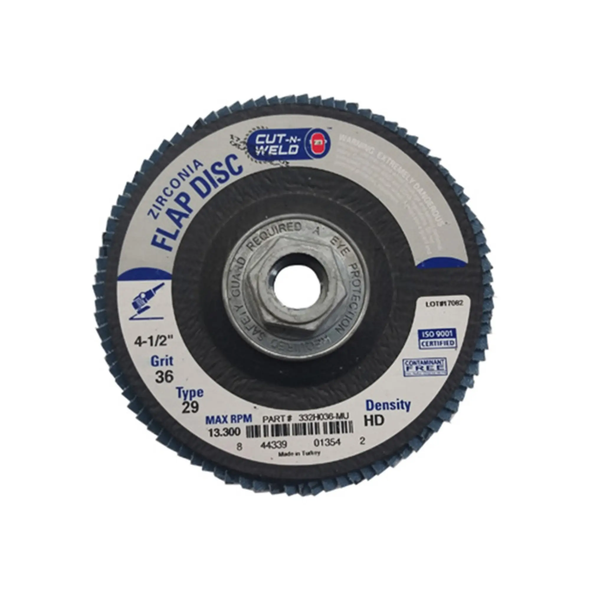 T29 Zirconia Flap Discs 4.5", High Density, Grit 36, with Hub
