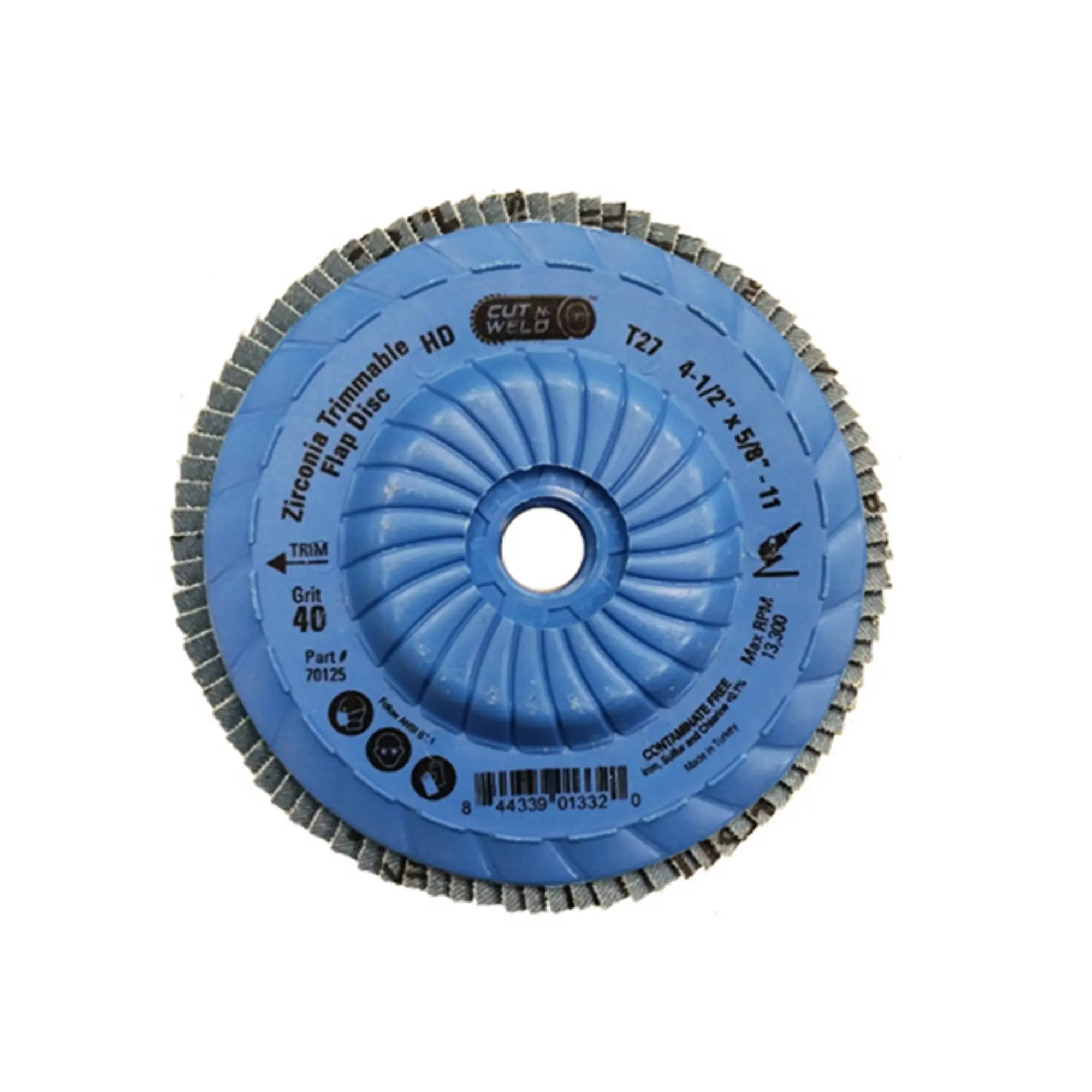 Trimmable Type 27 Zirconia Flap Discs 4.5", Grit 40, High Density